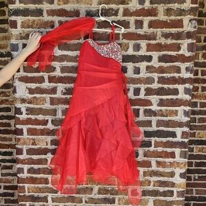 Elegant Red Strapless Dress with Beaded Bodice